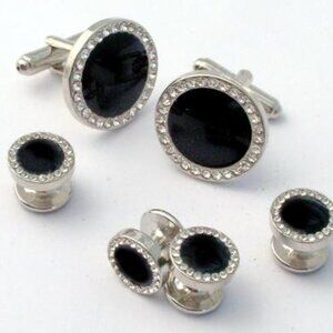 Jet Black Center with Par've Crystals on Bezel Formal Studs and Cufflinks Set